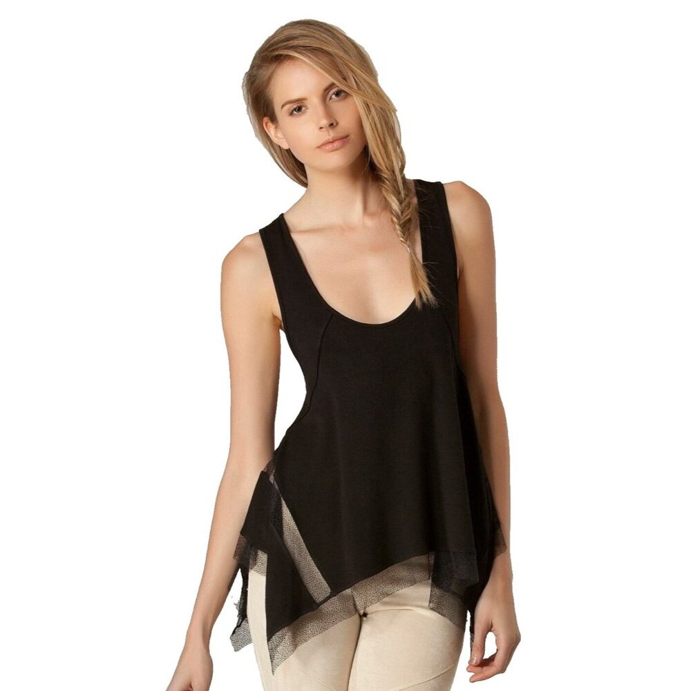 Liberty‎ Garden Womens Tank Top Large Black Mesh Detail Racerback Uneven BOHO